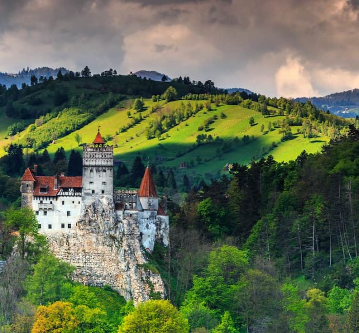 Stunning Bran castle and cloudy summer landscape,Transylvania,Romania travel